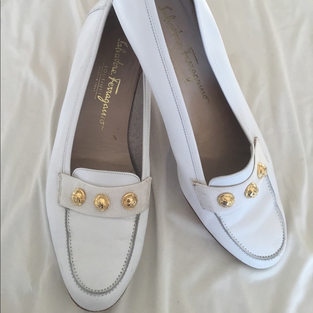 Salvador Ferragamo white leather loafers w/ gold